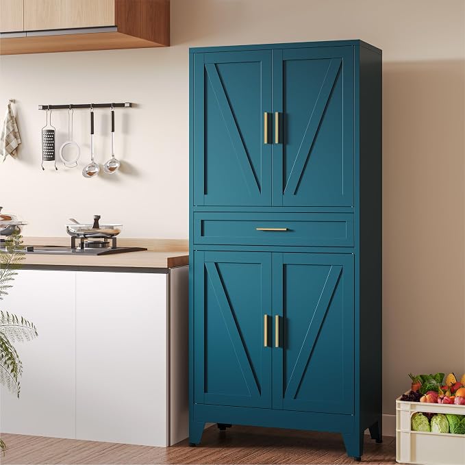 COFaR 71" Pantry Cabinet with Drawer, Peacock Blue Storage Cabinet with Adjustable Shelves, 3-Section Modern Statement Cupboard for Kitchen & Bathroom