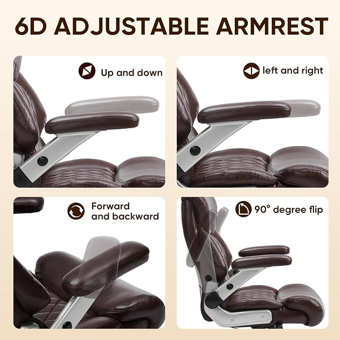 ZSQN 600 Lbs Big and Tall Office Chair, Plus Size Desk Chair with 6D Adjustable Flip Arms, Wide Comfortable Computer Chair with Adjustable Lumbar Support & Dual Rubber Wheels Brown