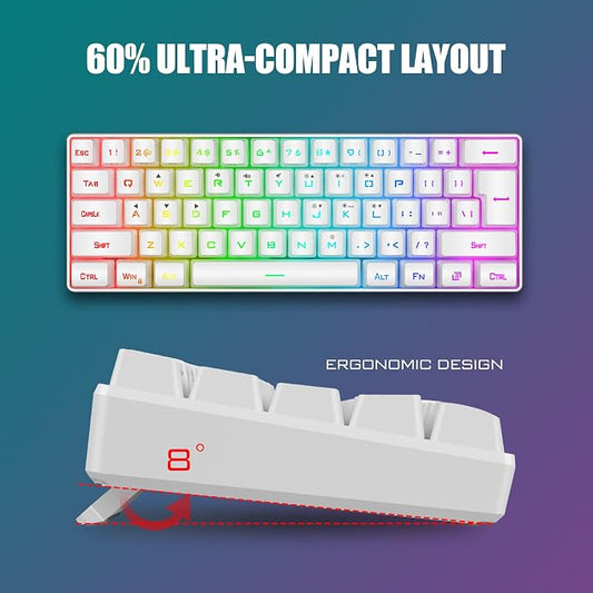 RedThunder 60% Mini Gaming Keyboard and Mouse Combo, Lightweight, Ultra-Compact 61 Keys RGB Backlit,7200 DPI Honeycomb Optical Mouse, Wired Gaming Set for PC MAC PS5 Xbox Gamer(White)