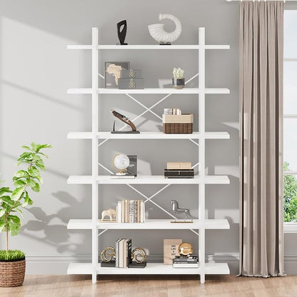 HSH 6 Tier Tall White Bookshelf, Industrial Modern Vertical Metal and Wood White Bookcases 6 Shelf,Farmhouse Open Large Storage Book Shelves & Display Book Shelf for Bedroom Living Room Office