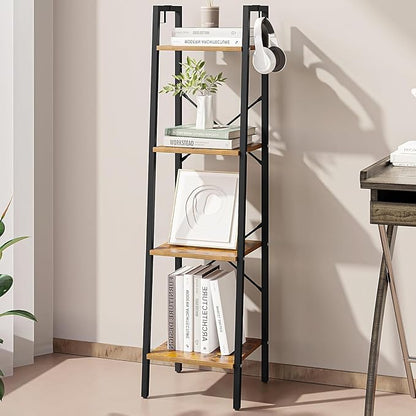 Hzuaneri Ladder Shelf, Bookshelf Bookcase, Freestanding Corner Storage Shelve with 2 Hooks for Home Office, Living Room, Kitchen, Bedroom, Industrial, 11.8"D x 13.4"W x 47.2"H, Rustic Brown BC13201B