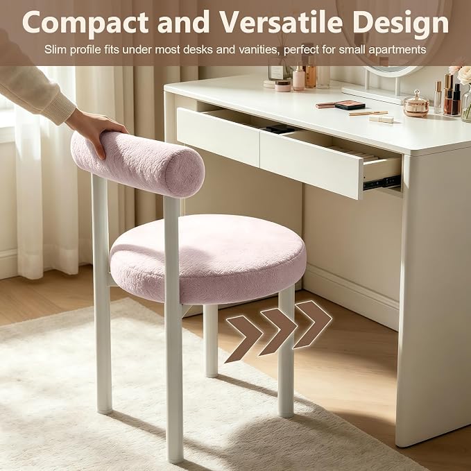 Cute Small Armless Desk Chair, Ergonomic Comfy Vanity Chairs Lumbar Support with Back for Makeup, Teddy Fabric Computer Desk Chair for Home, Bedroom, Vanity, Teens, Adults