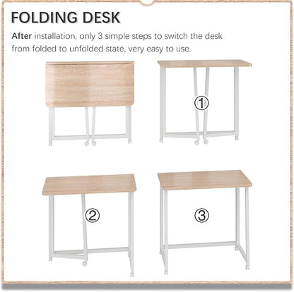 4NM 23.6" Mobile Small Folding Desk, Foldable Rolling Computer Home Office Desk, Study Writing Table for Small Space Saving Bedroom, with Wheels - Natural and White