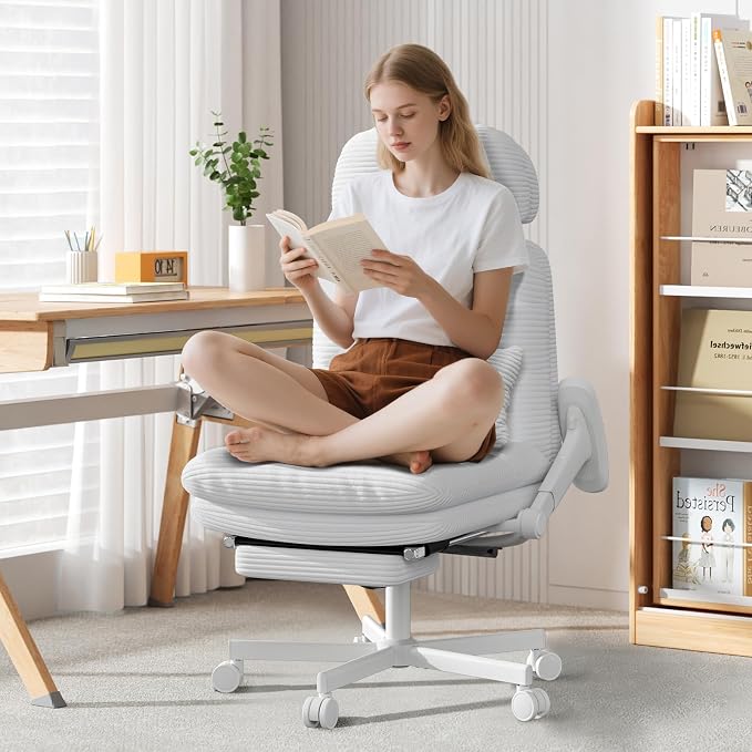 GXJ Criss Cross Legged Office Chair with Flip-up Arms, Footrest, G800 Plus | 6.3" Cushion Relieves Tailbone Pain, Head-Lumbar Support Eases Fatigue, Smooth Rolling Wheels, Corduroy Desk Seating, White