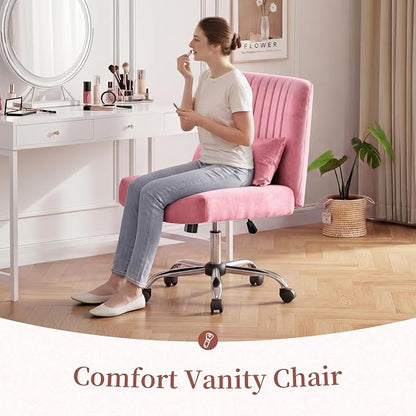 Warmiehomy Velvet Criss Cross Desk Chair with Wheels, Luxury Cross Legged Office Chairs for Home Office, Swivel Wide Seat Vanity Chair, Armless Adjustable Height Gaming Chair Gift, Dusty Rose