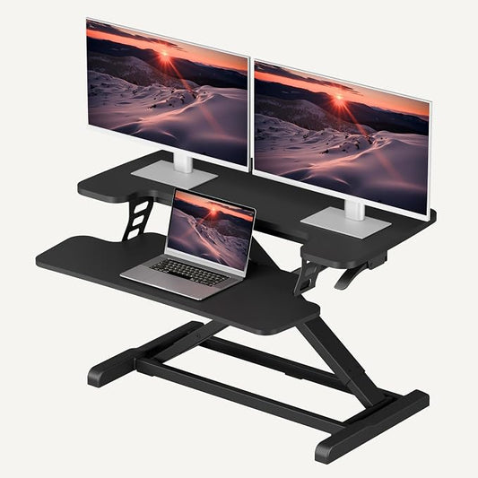 SANODESK 32" Height Adjustable Standing Desk Converter, Desk Riser Sit Stand Workstation for Home Office Laptop & Dual Monitor Setup, Ergonomic Lift Platform, Black