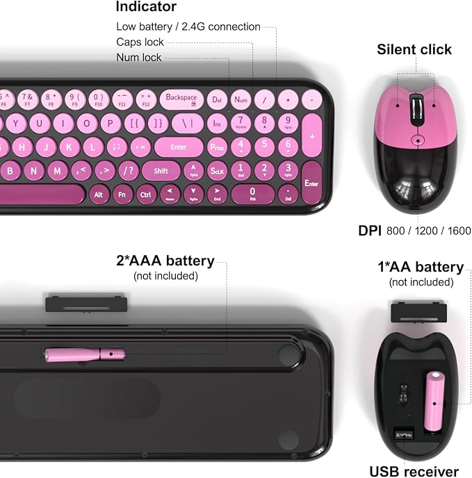 MOFII Wireless Keyboard and Mouse Combo, Compact Typewriter Retro Round Computer Keyboard and Mouse Set, Plug and Play, for Windows, Computer, Desktop, PC, Notebook - (Black Pink Gradient)