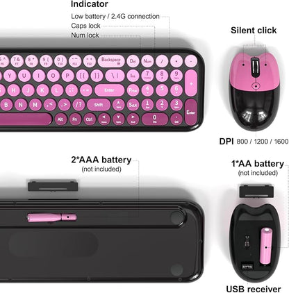 MOFII Wireless Keyboard and Mouse Combo, Compact Typewriter Retro Round Computer Keyboard and Mouse Set, Plug and Play, for Windows, Computer, Desktop, PC, Notebook - (Black Pink Gradient)
