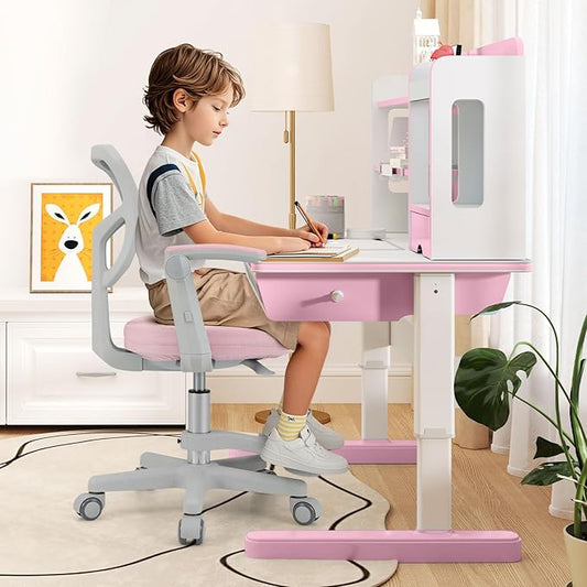 Giantex Kids Desk Chair, Ergonomic Adjustable Student Rolling Chair with Footrest & Flip-up Armrest, Mesh Children Office Chair with Universal Wheels, Kids Computer Chair for Boys & Girls, Pink