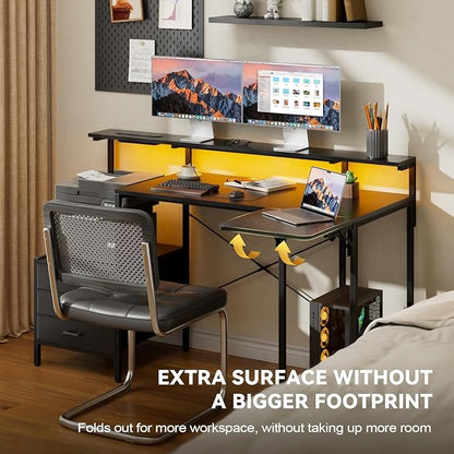 HLDIRECT 55 Inch Computer Desk for Home Office, Gaming Computer Desk with Printer Shelf, Storage Drawers, Power Outlets, Monitor Stand & LED Strip, Foldable L Shaped Gaming Table (Black)