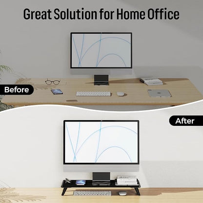 loukin Monitor Stand Riser for Desk, 22.4" x 8.3" Larger Computer Stand for Laptop, PC, Printer, Sturdy Desktop Computer Shelf with Non-Skid Rubber, Home Office (Black)