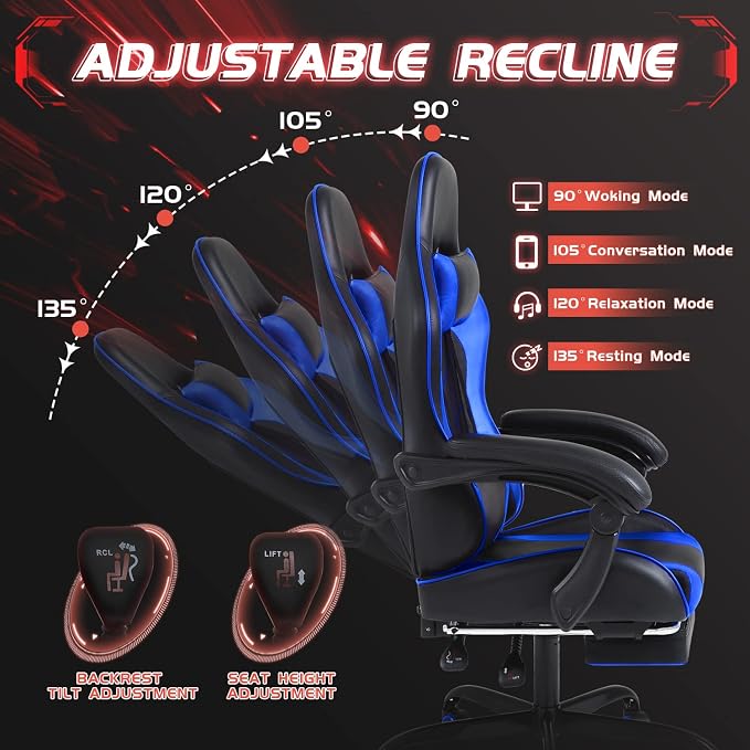 Shahoo Gaming Chair with Footrest and Massage Lumbar Support, Ergonomic Computer Chairs 360°Swivel and Height Adjustable Seat with Headrest for Office or Bedroom, Study Room, Blue