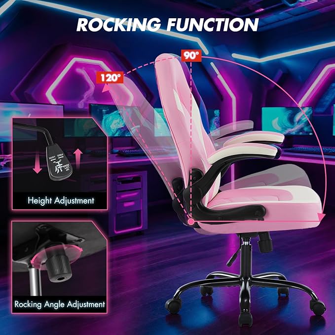Sweetcrispy Computer Video Game Desk Chair: Ergonomic Comfy Lumbar Support, PU Leather with Flip-up Armrest, Height Adjustable and 360° Swivel, for Adults, Pink