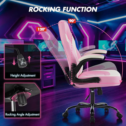 Sweetcrispy Computer Video Game Desk Chair - Ergonomic Comfy Lumbar Support, PU Leather with Flip-up Armrest, Height Adjustable and 360°Swivel, for Adults, White Pink