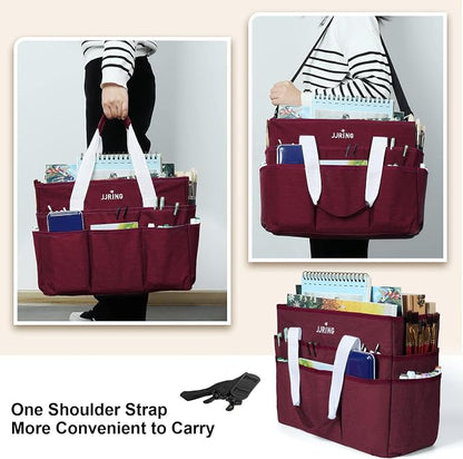 JJRING Craft Organizer Tote Bag, Large Art Storage Caddy with Multiple Pockets, Dark Red Sewing Bag for Art, Craft, Scrapbooking, Medical, and Office Supplies Storage