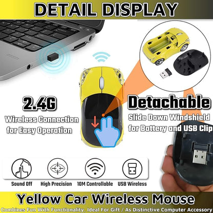 HuGuWdy Yellow Cute Wireless Mouse，2.4G with USB Reciver 1600DPI Car Mouse for Computer Wireless for Laptop Computer Tablet for Windows for Mac OS for Christmas（Yellow）