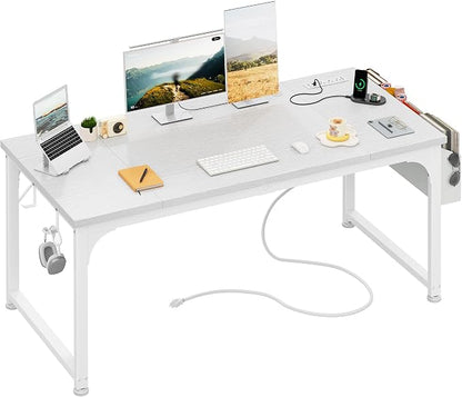 DurayLoly 55 x 24 inch Desk, 24mm Thick Heavy Duty Computer Desk with RGB LED & Power Outlets, Gaming Desk with Detachable Stand, Hooks & Storage Bag, 150LBS Load Capacity, White