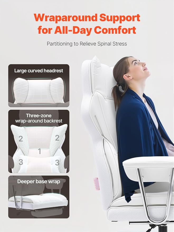 VEVOR Reclining Office Chair with Footrest, Heavy Duty PU Leather Oversize Office Chair, Big and Tall Executive Office Chairs with Lumbar Support, Strong Metal Base Quiet Wheels, White