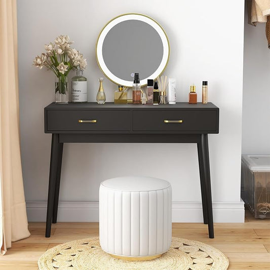 FUNKOCO Small Black Desk with Drawers - 40 Inch Home Office Study Writing Desk for Bedroom, Vanity Desk with 4 Solid Legs, Modern Computer Desk for Small Spaces (Balck)