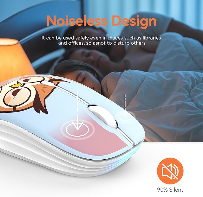 FMOUSE Cute Cartoon Wireless Mouse, 2.4G Bluetooth Dual Mode, AA Battery Powered, Silent Ergonomic Mice for Kids Students Office Workers Laptop PC Mac iPad (Sleepy Book Owl)