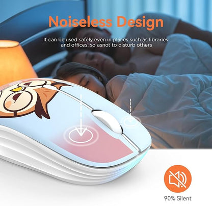 FMOUSE Cute Cartoon Wireless Mouse, 2.4G Bluetooth Dual Mode, AA Battery Powered, Silent Ergonomic Mice for Kids Students Office Workers Laptop PC Mac iPad (Sleepy Book Owl)