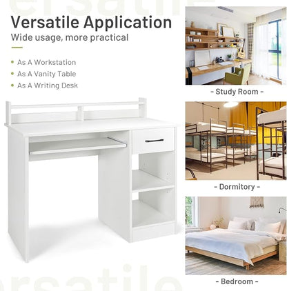 Tangkula White Desk with Drawer & Keyboard Tray, 22 Inch Wide Modern Study Writing Desk with Desktop Hutch & Storage Shelves, Home Office Desk for Teens, Wood PC Laptop Desk, Desk for Bedroom