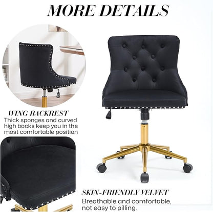 Velvet Armless Home Office Desk Chair, Swivel Height-Adjustable Small Cute Vanity Chair for Women/Girls, Comfy Makeup Chair with Rivet and Gold Base for Living Room, Bedroom(Black)