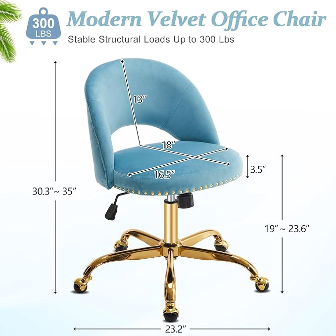 VINGLI Modern Velvet Small Office Chair,Cute Desk Chair with Wheels,Gold Base/Studs, Comfy Armless Swivel Vanity Task Chair for Women/Girl/Kids, Nail Tech Chair for Bedroom,Small Space,Cruising Blue