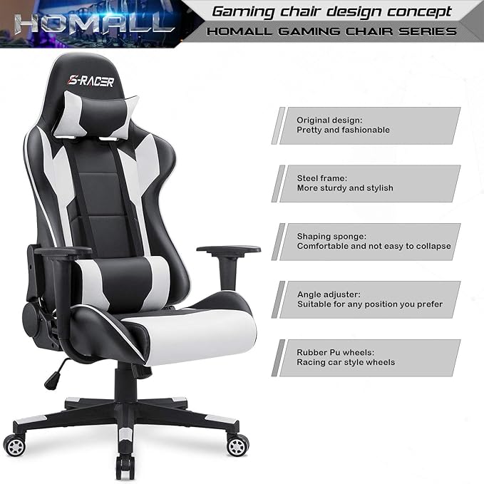 Homall Gaming Chair, Office Chair High Back Computer Chair Leather Desk Chair Racing Executive Ergonomic Adjustable Swivel Task Chair with Headrest and Lumbar Support (White)