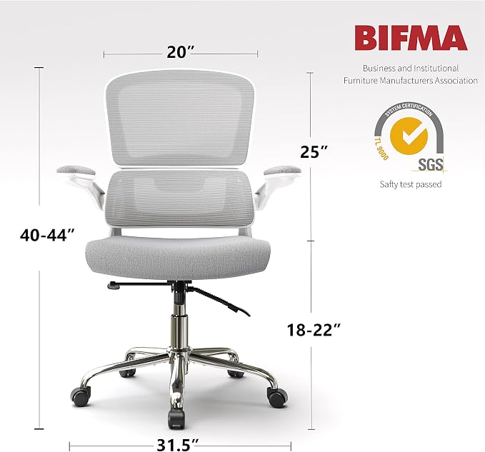 Logicfox Ergonomic Office Chair, Comfortable Office Chair with Flip-up Arms, Adaptive Lumbar Support, Mesh Computer Chair with Thick Cushion, White Desk Chair with 90°-130° Tilt Function