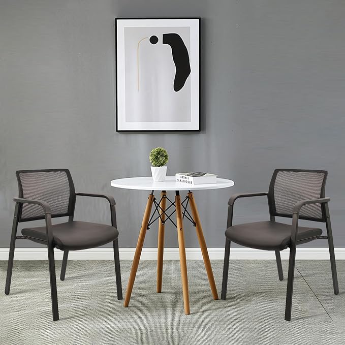 CLATINA Stackable Office Chair, Mesh Back Guest Chairs with Comfortable Leather Seat Arms Stacking Ergonomic Desk Chair No Wheels for Conference Waiting Reception School Stationary, Black, Set of 4
