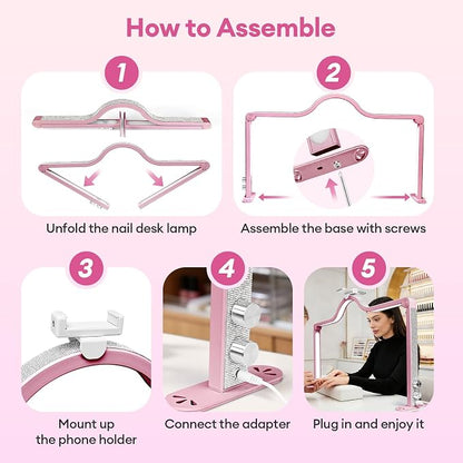 Arch Half Moon Light: Professional 34 inch 420 LED Beads - Nail Lamp for Desk Adjustable Brightness 3 Color Temperature - Foldable Nail Tech Light for Manicure Crafting (Rose)