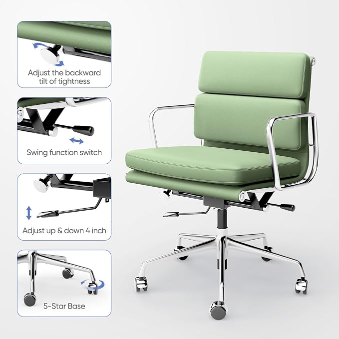 Genuine Leather Office Chair, Padded Mid Back Ergonomic Executive Desk Chair with Aluminum Arm Rest and Base, Swivel Wheels with Lumbar Support & Tilting Function, Hight Adjustable, Light Green