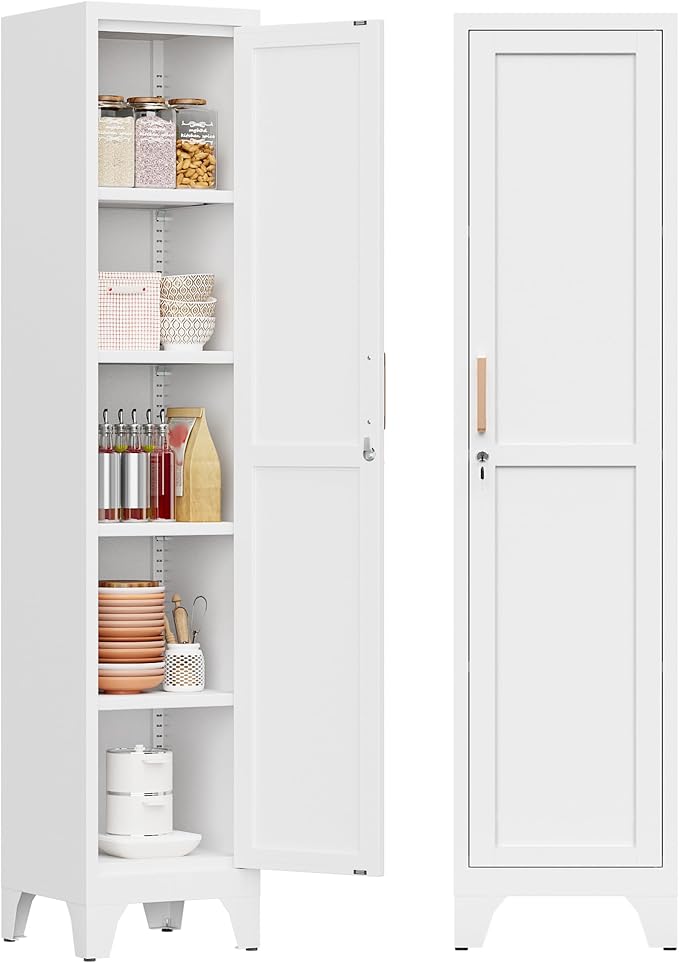 67"H White Metal Locker with 1 Lockable Door and 4 Adjustable Shelves For Employees, 5 Tier Small Storage Cabinet with Detachable Legs and Vintage Handle for Kitchen,Office,Gym,School,Easy Assembly