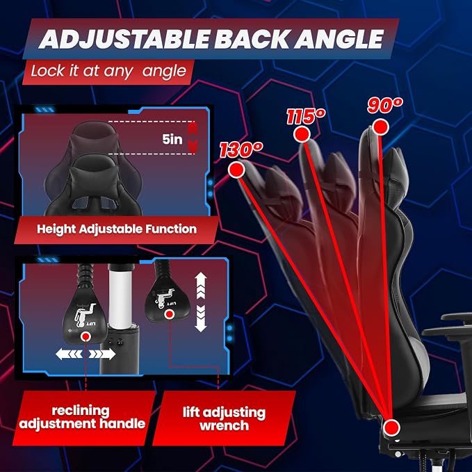 BestOffice | Ergonomic Gaming Chair | Dark Black | Reclining Computer Chair with Lumbar Support, Headrest Pillow, Adjustable Footrests | 360 Swivel with Heavy Duty Wheels | for Home & Office