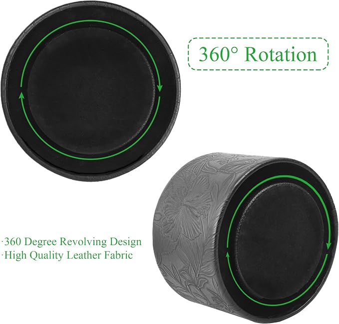 Round Leather Art Supply Organizer,Remote Control Holder,360 Degree Spinning,Multi-Functional Pencil Holder,4 Compartments Desktop Stationary Organizer(1-Carved Black)