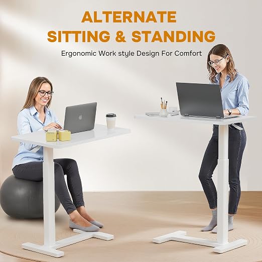 Overbed Bedside Table with Hidden Casters, Adjustable Pneumatic Mobile Laptop Computer Standing Desk, Rolling Laptop Table, Movable Overbed Table Hospital Home Use, White