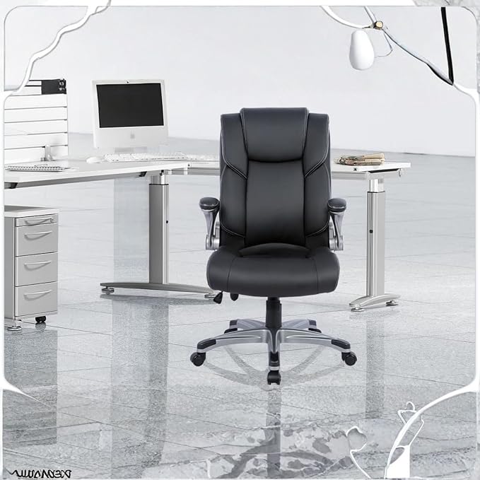 COLAMY Leather Executive Office Chair- High Back Home Computer Desk Chair with Padded Flip-up Arms, Adjustable Tilt Lock, Swivel Rolling Ergonomic Chair for Adult Working Study-Black, Set of 2