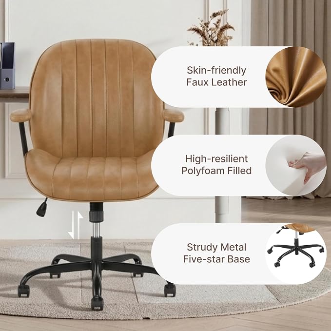 KISLOT Ergonomic Home Office Chair with Removable Arms, Adjustable Swivel Desk Chair with Wheels, Modern Faux Leather Computer Chair with Lumbar Support, Set of 2, Camel Brown