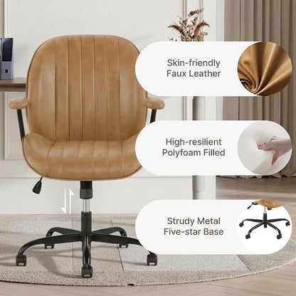 KISLOT Ergonomic Home Office Chair with Removable Arms, Adjustable Swivel Desk Chair with Wheels, Modern Faux Leather Computer Chair with Lumbar Support, Camel Brown