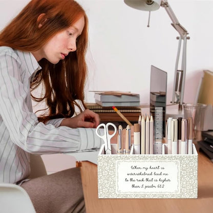 Christian Flower Pen Pencil Holder for Desk, Christian Gifts for Women, Religious Bible Verse Floral Wooden Box Sign Decorations for Home Bedroom Office Desk Tabletop