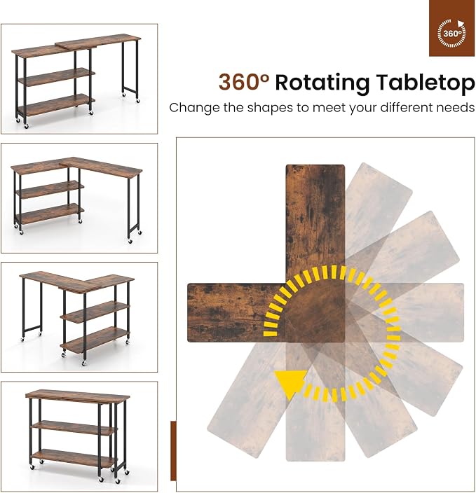 Tangkula 360° Rotating Sofa Side Table, Patented Mobile End Table with 2-Tier Storage Shelves, Swivel Rolling Desk with 6 Lockable Wheels, Metal Frame, Movable Laptop Table Couch Snack Table for Home