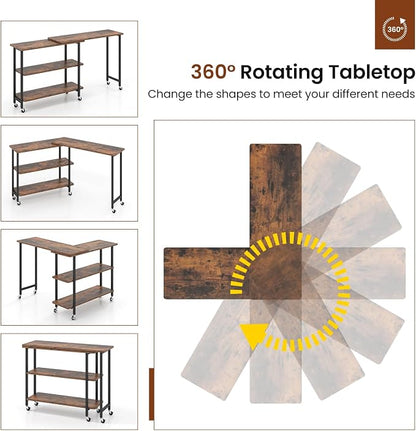 Tangkula 360° Rotating Sofa Side Table, Patented Mobile End Table with 2-Tier Storage Shelves, Swivel Rolling Desk with 6 Lockable Wheels, Metal Frame, Movable Laptop Table Couch Snack Table for Home