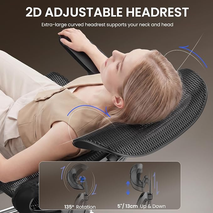 naspaluro Ergonomic Office Chair Mesh Desk Chair with Adjustable Headrest Lumbar Support 3D Armrest 90-135° Reclining Chairs for Home Office, Study, Work & Gaming (Black)