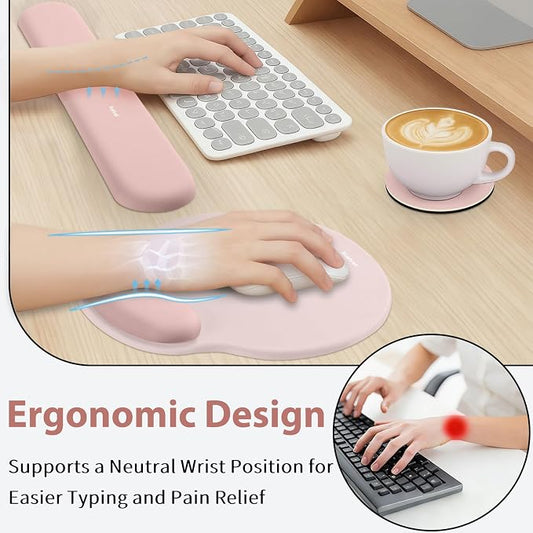 Sushret Mouse Pad and Keyboard Wrist Rest, 3-in-1 Gel Memory Foam Ergonomic Mouse Pad with Wrist Rest Set, Gaming Mousepad Arm Cushion Support for Computer Office Desk Accessories Cute Setup, Pink