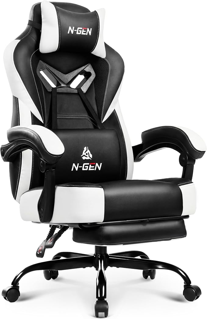 N-GEN GAMING Gaming Chair Big and Tall Computer Heavy Duty Office Desk Chair with Footrest Ergonomic Lumbar Support High Back Recliner for Adults (White)