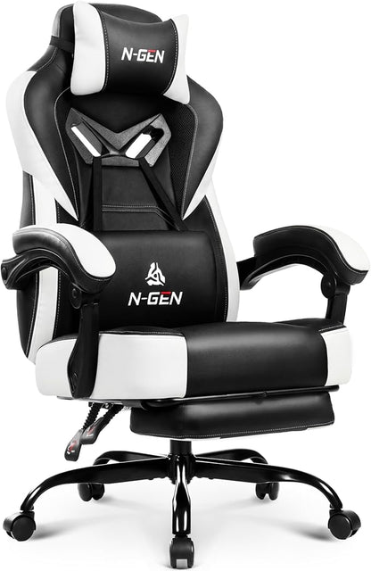 N-GEN GAMING Gaming Chair Big and Tall Computer Heavy Duty Office Desk Chair with Footrest Ergonomic Lumbar Support High Back Recliner for Adults (White)