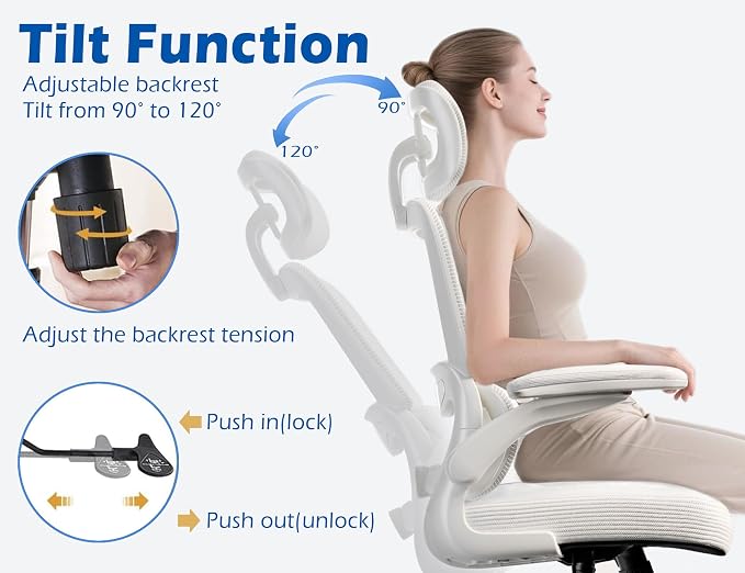 TRALT Ergonomic Office Chair - Desk Chair with Adjustable Headrest Lumbar Support Computer Chair - Mesh Comfy Chair with Flip-up Armrests - Gaming Chairs for Adults Home Office (Leather, White)
