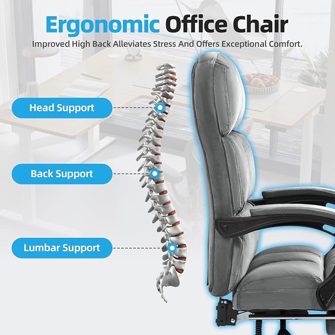 ECOTOUGE Velvet Executive Office Chair with Footrest, Ergonomic Comfy Desk Chair, High Back Computer Chair with Adjustable Tilt Angle, Grey