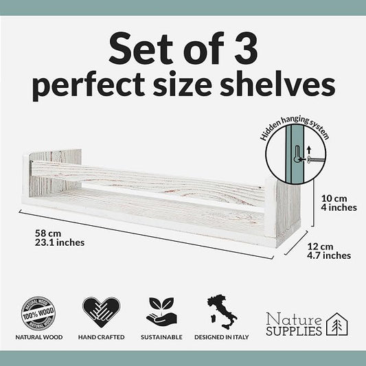 NATURE SUPPLIES Set of 3, 23.1" Whitewashed Floating Shelves for Wall, Kids Bookshelf for Bedroom, Nursery Storage, Decorative Wall Shelves for Kids Rooms, Modern Nursery Décor, Space-Saving Design